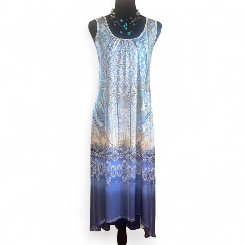 World Unity Womens Blue Multicolored Aztec High Low Lace Maxi Dress SZ S